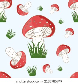 seamless pattern with mushrooms and grass