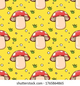 Seamless pattern mushrooms and grass cartoon on yellow background, Vector illustration. This design for publication, decoration, sticker, pattern, lock screen pattern and more.