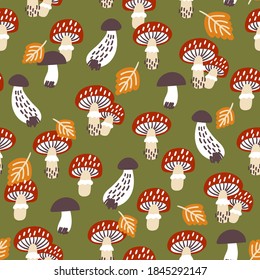 Seamless pattern with mushrooms. Great for fabric, textile, wrapping paper. Vector Illustration
