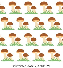 Seamless pattern of mushrooms with green grass on a white background, autumn vector illustration.