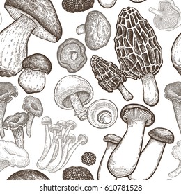 Seamless pattern with mushrooms. Hand drawing elements of nature. Vector art illustration. Black and white. Old engraving. Vintage. Kitchen design for fabrics, paper, wallpaper, packaging, wrapping.