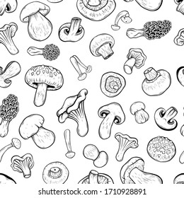 seamless pattern mushrooms hand drawn vector illustration. Isolated sketch style organic food drawing. Champignon, morel, enokitake, oyster, chanterelle, shiitake. menu, label, product packaging