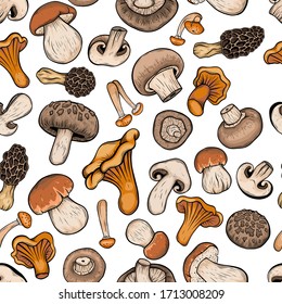 seamless pattern mushrooms hand drawn vector illustration. Isolated sketch style organic food drawing. Champignon, morel, enokitake, oyster, chanterelle, shiitake. menu, label, product packaging