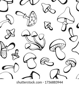 Seamless pattern with mushrooms. Hand drawn vector illustration in sketch style. Perfect for greetings, invitations, coloring books, textile, wedding and web design.