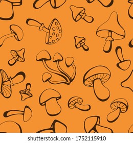 Seamless pattern with mushrooms. Hand drawn vector illustration in sketch style. Perfect for greetings, invitations, coloring books, textile, wedding and web design.