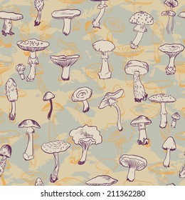 Seamless pattern with mushrooms, hand drawn vector illustration