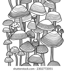 Seamless pattern with mushrooms. Hand drawn black and white vector illustration.