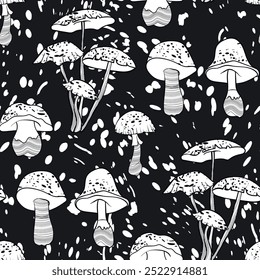 Seamless pattern with mushrooms. Hand drawn vector illustration. Vegan food menu. Poisonous and edible mushroom. Autumn mushroom picking, forest plant sketches.