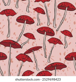 Seamless pattern with mushrooms. Hand drawn vector illustration. Vegan food menu. Poisonous and edible mushroom. Autumn mushroom picking, forest plant sketches.