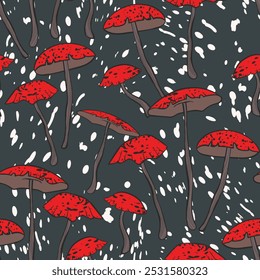 Patrón sin fisuras con setas. Ilustración vectorial dibujada a mano. Menú de comida vegana. Champiñón venenoso y comestible. Recolección de setas de otoño, bocetos de plantas forestales.