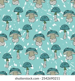 Seamless pattern with mushrooms. Hand drawn vector illustration. Vegan food menu. Poisonous and edible mushroom. Autumn mushroom picking, forest plant sketches.