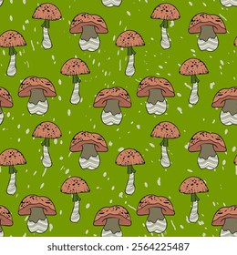 Seamless pattern with mushrooms. Hand drawn vector illustration. Vegan food menu. Poisonous and edible mushroom. Autumn mushroom picking, forest plant sketches.