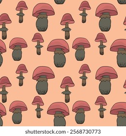 Seamless pattern with mushrooms. Hand drawn vector illustration. Vegan food menu. Poisonous and edible mushroom. Autumn mushroom picking, forest plant sketches.