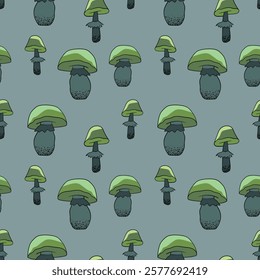 Seamless pattern with mushrooms. Hand drawn vector illustration. Vegan food menu. Poisonous and edible mushroom. Autumn mushroom picking, forest plant sketches.