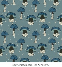 Seamless pattern with mushrooms. Hand drawn vector illustration. Vegan food menu. Poisonous and edible mushroom. Autumn mushroom picking, forest plant sketches.