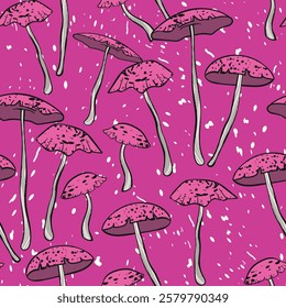 Seamless pattern with mushrooms. Hand drawn vector illustration. Vegan food menu. Poisonous and edible mushroom. Autumn mushroom picking, forest plant sketches.