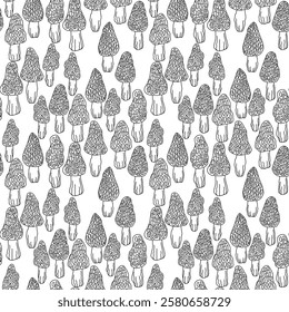 Seamless pattern with mushrooms - hand drawn black and white vector illustration.