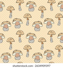 Seamless pattern with mushrooms. Hand drawn vector illustration. Vegan food menu. Poisonous and edible mushroom. Autumn mushroom picking, forest plant sketches.