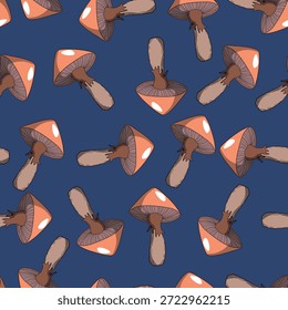 Padrão perfeito com cogumelos. Ilustração de vetor desenhada à mão. Cardápio de comida vegana. Cogumelo venenoso e comestível. Colheita de cogumelos de outono, esboços de plantas florestais.