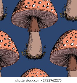 Padrão perfeito com cogumelos. Ilustração de vetor desenhada à mão. Cardápio de comida vegana. Cogumelo venenoso e comestível. Colheita de cogumelos de outono, esboços de plantas florestais.