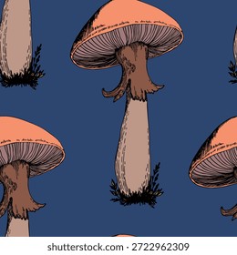 Padrão perfeito com cogumelos. Ilustração de vetor desenhada à mão. Cardápio de comida vegana. Cogumelo venenoso e comestível. Colheita de cogumelos de outono, esboços de plantas florestais.
