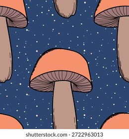 Padrão perfeito com cogumelos. Ilustração de vetor desenhada à mão. Cardápio de comida vegana. Cogumelo venenoso e comestível. Colheita de cogumelos de outono, esboços de plantas florestais.