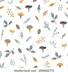 Seamless pattern with mushrooms, holly and berries. Pine cones, colorful autumn leaves and fir tree branches. Vector illustration background. Fall, winter tile design for textile and scrapbooking