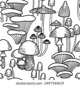 seamless pattern with mushrooms. illustration in sketch style. line vector print, coloring book