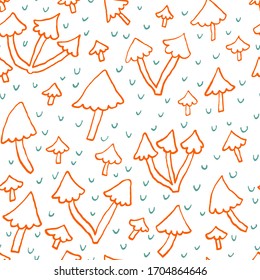 Seamless pattern with mushrooms isolated on white background. Edible fungus. Doodle drawing. Forest backdrop. Design for textile, fabric, wallpaper. Hand drawn vector illustration.