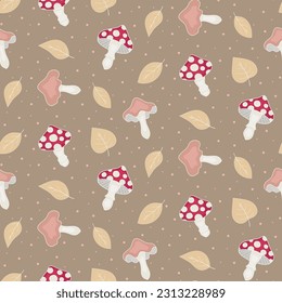 Seamless pattern with mushrooms and leaves