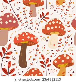 seamless pattern with mushrooms and leaves