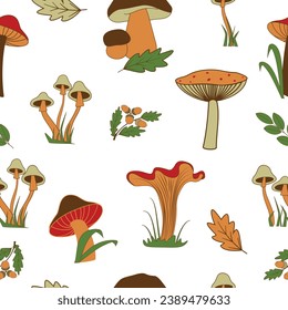 Seamless pattern with mushrooms and leaves