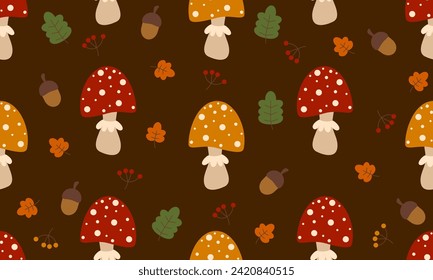 Patrón sin foco con hongos y hojas, bellotas y bayas. Fondo forestal