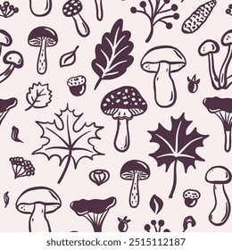 Seamless pattern of mushrooms, leaves, acorns on beige background. Hand-drawn black line art. Cozy fall season. Autumn nature and forest elements. Vector design