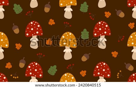 Seamless pattern with mushrooms and leaves, acorns and berries. Forest background