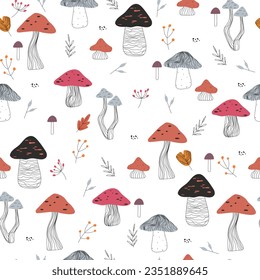 Seamless pattern with mushrooms , leaves, berries, autumn set on white background. Vector illustration.