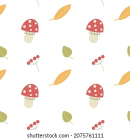 Seamless pattern with mushrooms and leaves, botanical elements. Vector illustration.