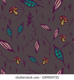 Seamless pattern with mushrooms, leaves and branches