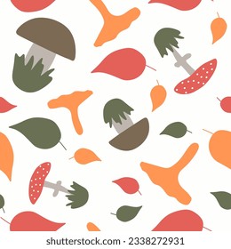 Seamless pattern with Mushrooms and Leaves. Endless repeatable nature Vector background for textile, banner, fabric, wrappining paper. Autumn illustration with amanita, chanterelles, boletus, foliage.