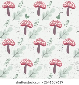 Seamless pattern with mushrooms and leaves in flat and abstract style. Mushroom vector illustration