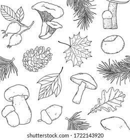 Seamless pattern with mushrooms, leaves and forest items on white background.