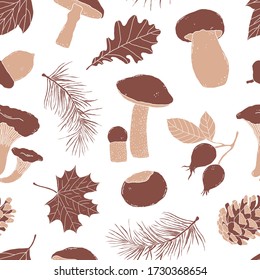 Seamless pattern with mushrooms, leaves and forest items on white background.