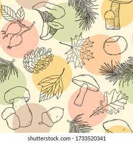 Seamless pattern with mushrooms, leaves and forest items on white background.