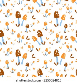 seamless pattern with mushrooms and leaves. Natural fashion print
