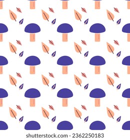 Seamless pattern with mushrooms and leaves on a white background. Autumn forest print. Leaf fall and mushroom picking. Flat design. Bright colors - purple and beige. Harvest Food. Vector illustration.