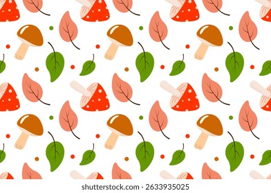 Seamless pattern with mushrooms and leaves on a white background. Autumn vector illustration