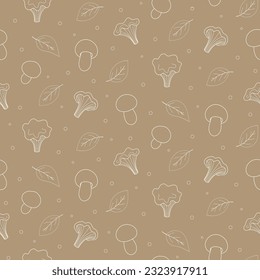 Seamless pattern with mushrooms and leaves, outline.