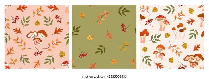 Nahtlose Muster mit Pilzen und Blättern. Wiederholen Sie Design mit Herbstelementen. Nahtloses Herbstdesign