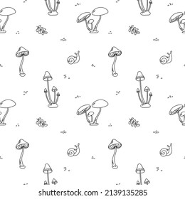 Seamless pattern with mushrooms, leaves and snail. Creative texture for fabric, wrapping, textile, wallpaper, apparel. Vector illustration in doodle style.