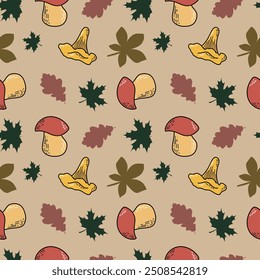 Seamless pattern with mushrooms and leaves in trendy color